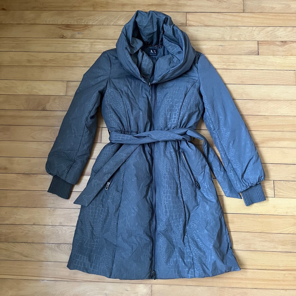 Armani Exchange Gray Snakeskin Puffer Coat Down Fill Belted Shawl Collar Small